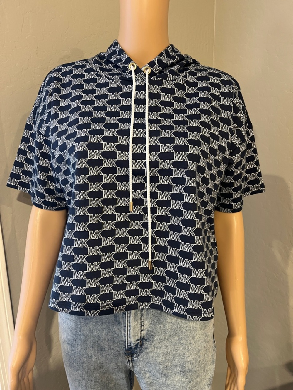 Michael Kors Navy & White All-Over Logo Short-Sleeve Hoodie S